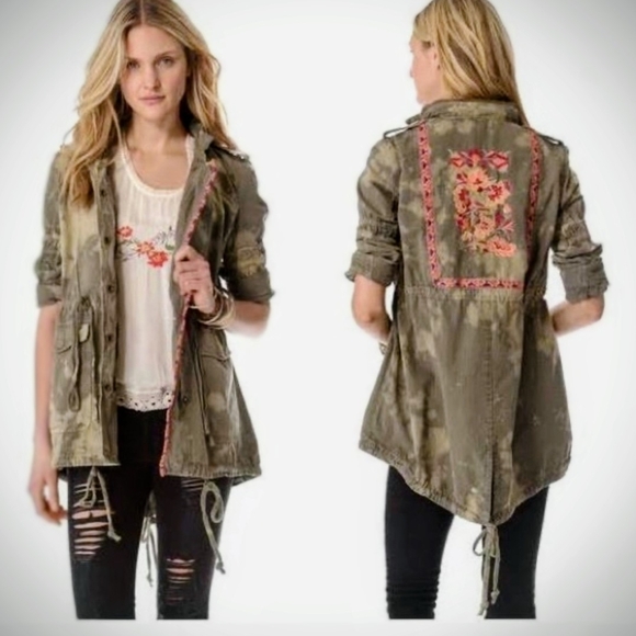 Free People Jackets & Blazers - Free People Olive Utility Jacket with Floral Embroidery